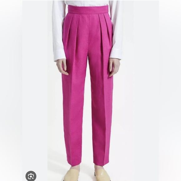 NWOT Theory Pant Linen High Rise Pink Pants Pleated Fuchsia Pop Trouser - Picture 2 of 6